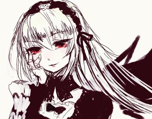 Rating: Safe Score: 0 Tags: 1girl bangs bow detached_collar dress eyebrows_visible_through_hair hairband image long_hair long_sleeves looking_at_viewer monochrome red_eyes simple_background smile solo suigintou User: admin