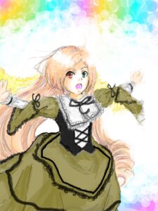 Rating: Safe Score: 0 Tags: 1girl :d blonde_hair dress drill_hair frills green_dress heterochromia image long_hair long_sleeves looking_at_viewer open_mouth outstretched_arms red_eyes solo suiseiseki twintails very_long_hair User: admin