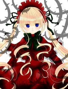 Rating: Safe Score: 0 Tags: 1girl blonde_hair blue_eyes blush bonnet bow dress green_bow image long_hair long_sleeves looking_at_viewer rose shinku smile solo twintails white_background User: admin