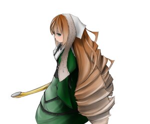 Rating: Safe Score: 0 Tags: 1girl arms_behind_back bangs dress drill_hair green_dress green_eyes image long_hair long_sleeves ribbon simple_background solo striped suiseiseki sword very_long_hair weapon white_background User: admin