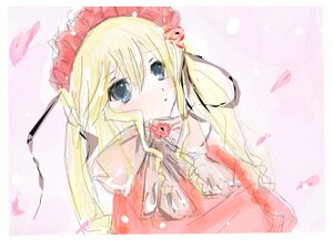 Rating: Safe Score: 0 Tags: 1girl bangs blonde_hair blue_eyes blush dress flower image long_hair looking_at_viewer petals shinku solo upper_body User: admin