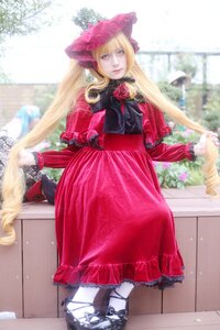 Rating: Safe Score: 0 Tags: 1girl blonde_hair blue_eyes blurry bonnet bow depth_of_field dress flower hat long_hair long_sleeves looking_at_viewer outdoors pink_flower red_dress shinku solo standing User: admin