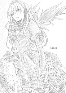 Rating: Safe Score: 0 Tags: 1girl dress flower frills greyscale hairband image juliet_sleeves long_hair long_sleeves looking_at_viewer monochrome ribbon rose solo suigintou white_background wings User: admin