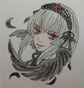 Rating: Safe Score: 0 Tags: 1girl bangs black_wings feathered_wings feathers flower hairband image long_hair looking_at_viewer petals portrait red_eyes ribbon rose rose_petals simple_background smile solo suigintou traditional_media wings User: admin