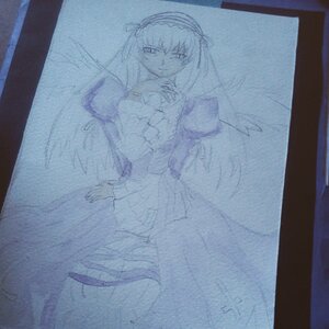 Rating: Safe Score: 0 Tags: 1girl black_wings blue_theme dress frills hairband image lolita_hairband long_hair long_sleeves looking_at_viewer monochrome solo suigintou wings User: admin