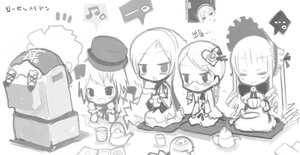 Rating: Safe Score: 0 Tags: 4girls :d chibi closed_eyes cup dress eating food greyscale hat image long_hair long_sleeves monochrome multiple multiple_girls open_mouth sitting smile table tagme User: admin