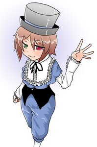 Rating: Safe Score: 0 Tags: 1girl blush brown_hair frills green_eyes hat heterochromia image long_sleeves looking_at_viewer pants red_eyes short_hair smile solo souseiseki suiseiseki top_hat User: admin