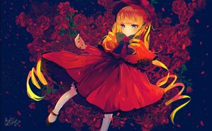 Rating: Safe Score: 0 Tags: 1girl blonde_hair blue_eyes bow capelet dress drill_hair flower image lolita_fashion long_hair mary_janes petals red_capelet red_dress red_flower red_rose rose rose_petals shinku shoes signature solo thorns User: admin