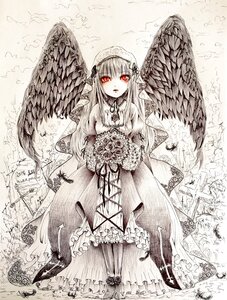 Rating: Safe Score: 0 Tags: 1girl bouquet dress feathers flower frills image long_hair looking_at_viewer monochrome red_eyes rose solo suigintou traditional_media wings User: admin
