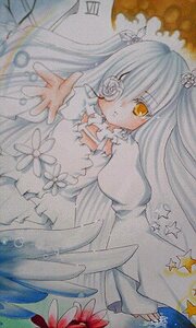 Rating: Safe Score: 0 Tags: 1girl bangs dress eyepatch flower frilled_sleeves frills hair_ornament image juliet_sleeves kirakishou long_hair long_sleeves looking_at_viewer marker_(medium) outstretched_hand photo puffy_sleeves solo traditional_media very_long_hair watercolor_(medium) white_dress white_hair yellow_eyes User: admin