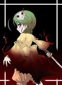 Rating: Safe Score: 0 Tags: 1girl dress green_eyes green_hair image kanaria long_sleeves looking_back solo weapon User: admin