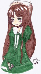 Rating: Safe Score: 0 Tags: 1girl artist_name bangs blush brown_hair dress green_dress green_eyes heterochromia holding image long_hair long_sleeves red_eyes simple_background smile solo striped suiseiseki very_long_hair User: admin