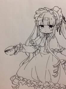 Rating: Safe Score: 0 Tags: 1girl bangs blunt_bangs blush capelet cup dress eyebrows_visible_through_hair flower frills holding image lolita_fashion long_hair long_sleeves looking_at_viewer monochrome photo shinku solo teacup traditional_media twintails very_long_hair User: admin
