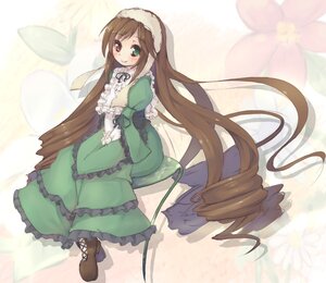 Rating: Safe Score: 0 Tags: 1girl asa_(swallowtail) bangs blush boots brown_hair commentary_request cross-laced_footwear dress drill_hair eyebrows_visible_through_hair flower frills full_body green_dress green_eyes hairband heterochromia image long_hair long_sleeves looking_at_viewer photoshop_(medium) red_eyes rozen_maiden sitting smile solo suiseiseki twin_drills twintails very_long_hair User: admin