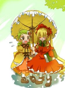 Rating: Safe Score: 0 Tags: 2girls blonde_hair blush bonnet bow closed_eyes dress drill_hair frills green_hair hat holding holding_umbrella image kanaria long_hair long_sleeves multiple_girls open_mouth pair parasol rain red_dress shared_umbrella shinku twintails umbrella User: admin