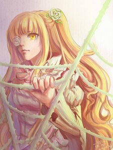 Rating: Safe Score: 0 Tags: 1girl blonde_hair dress eyepatch flower frills hair_flower hair_ornament image kirakishou long_hair rose solo thorns white_flower white_rose yellow_eyes User: admin