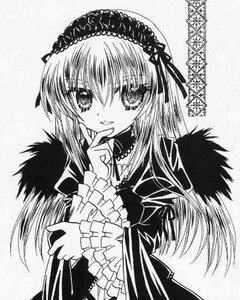Rating: Safe Score: 0 Tags: 1girl dress eyebrows_visible_through_hair finger_to_mouth frills greyscale hairband image index_finger_raised long_hair long_sleeves looking_at_viewer monochrome smile solo suigintou traditional_media upper_body User: admin