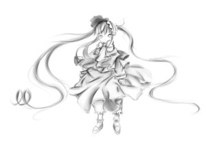 Rating: Safe Score: 0 Tags: 1girl bow dress full_body greyscale image long_hair long_sleeves looking_at_viewer monochrome shinku solo striped twintails vertical_stripes very_long_hair white_background User: admin