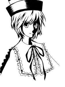 Rating: Safe Score: 0 Tags: 1girl bangs closed_mouth frills greyscale hat image looking_at_viewer monochrome ribbon short_hair simple_background smile solo souseiseki striped User: admin