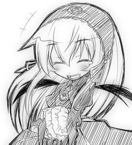 Rating: Safe Score: 0 Tags: 1girl ^_^ blush closed_eyes dress facing_viewer frills greyscale grin image long_hair long_sleeves monochrome simple_background smile solo suigintou white_background User: admin