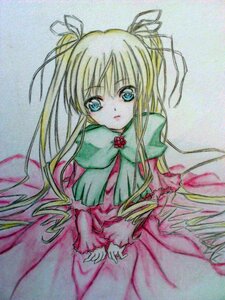 Rating: Safe Score: 0 Tags: 1girl blonde_hair blue_eyes bowtie capelet cowboy_shot dress expressionless hair_ribbon image long_hair long_sleeves looking_at_viewer ribbon shinku simple_background solo traditional_media very_long_hair User: admin