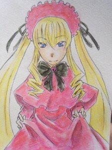 Rating: Safe Score: 0 Tags: 1girl blonde_hair blue_eyes bonnet bow bowtie cowboy_shot dress drill_hair frills image long_hair long_sleeves looking_at_viewer marker_(medium) red_dress shinku simple_background solo traditional_media twin_drills very_long_hair User: admin