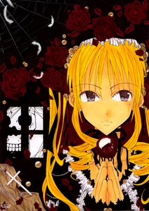 Rating: Safe Score: 0 Tags: 1girl blonde_hair drill_hair feathers flower image long_hair red_flower red_rose rose rose_petals shinku solo thorns yellow_rose User: admin