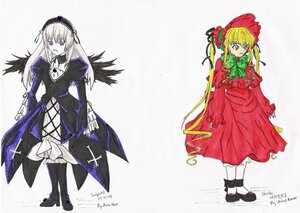 Rating: Safe Score: 0 Tags: 2girls black_wings blonde_hair blue_eyes boots dress flower frills image long_hair long_sleeves looking_at_viewer multiple_girls pair shinku standing suigintou wings User: admin