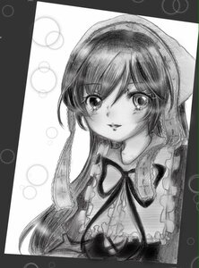 Rating: Safe Score: 0 Tags: 1girl auto_tagged black_border breasts bubble eyebrows_visible_through_hair greyscale image long_hair looking_at_viewer monochrome neck_ribbon ribbon solo suiseiseki traditional_media upper_body User: admin