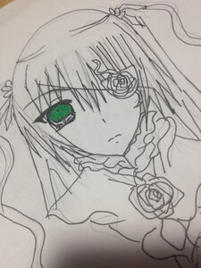 Rating: Safe Score: 0 Tags: 1girl barasuishou closed_mouth flower green_eyes hair_ornament image looking_at_viewer monochrome ribbon rose simple_background solo spot_color traditional_media User: admin