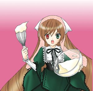 Rating: Safe Score: 0 Tags: 1girl brown_hair dress frills green_dress green_eyes head_scarf heterochromia holding image long_hair long_sleeves looking_at_viewer open_mouth red_eyes simple_background solo suiseiseki very_long_hair watering_can whisk User: admin