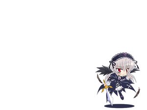 Rating: Safe Score: 0 Tags: 1girl black_wings chibi dress feathers flower frills full_body hairband holding image lolita_hairband long_sleeves red_eyes rose solo suigintou weapon white_background wings User: admin