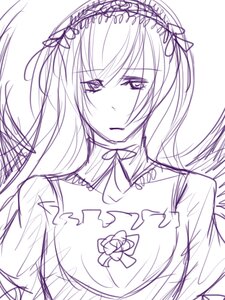Rating: Safe Score: 0 Tags: 1girl blush closed_mouth dress flower hairband image lolita_hairband long_hair looking_at_viewer monochrome ribbon simple_background sketch solo suigintou upper_body white_background User: admin