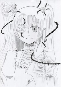 Rating: Safe Score: 0 Tags: 1girl blush dress flower frills greyscale hair_flower hair_ornament image kirakishou long_hair long_sleeves monochrome rose smile solo thorns traditional_media upper_body User: admin