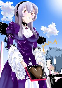 Rating: Safe Score: 0 Tags: 1boy 1girl black_wings blue_hair blush cloud day dress frills image long_hair long_sleeves red_eyes silver_hair sky solo suigintou wings User: admin