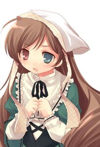 Rating: Safe Score: 0 Tags: 1girl :o black_ribbon blush brown_hair dress frills green_dress hat head_scarf heterochromia image long_hair long_sleeves looking_at_viewer open_mouth red_eyes ribbon simple_background solo suiseiseki upper_body very_long_hair white_background User: admin