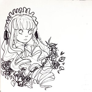 Rating: Safe Score: 0 Tags: 1girl bangs closed_mouth flower frills image long_hair looking_at_viewer monochrome ribbon shinku simple_background solo white_background User: admin