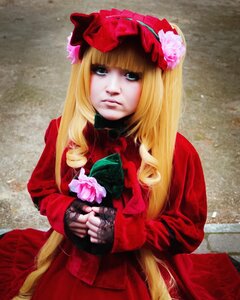 Rating: Safe Score: 0 Tags: 1girl blonde_hair blue_eyes bow dress flower lips long_hair realistic red_dress rose shinku solo User: admin