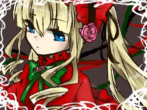 Rating: Safe Score: 0 Tags: 1girl blonde_hair blue_eyes bonnet bow bowtie dress flower image long_hair long_sleeves looking_at_viewer pink_bow rose shinku sidelocks solo User: admin