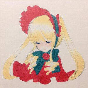 Rating: Safe Score: 0 Tags: 1girl bangs blonde_hair bow closed_eyes closed_mouth dress flower image long_hair long_sleeves photo rose shinku simple_background solo traditional_media twintails upper_body User: admin