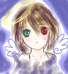 Rating: Safe Score: 0 Tags: 1girl angel angel_wings bangs blush collarbone eyebrows_visible_through_hair green_eyes halo heart heterochromia image looking_at_viewer red_eyes short_hair solo souseiseki upper_body white_wings wings User: admin