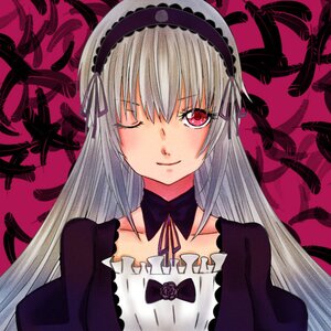 Rating: Safe Score: 0 Tags: 1girl auto_tagged detached_collar dress flower frills hairband image long_hair long_sleeves looking_at_viewer one_eye_closed pink_eyes red_eyes rose silver_hair smile solo suigintou upper_body wings User: admin