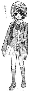 Rating: Safe Score: 0 Tags: 1girl blazer bow bowtie full_body greyscale image jacket kneehighs loafers long_sleeves looking_at_viewer monochrome pleated_skirt school_uniform shoes short_hair simple_background sketch skirt smile solo souseiseki standing white_background User: admin