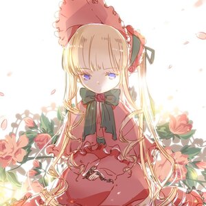 Rating: Safe Score: 0 Tags: 1girl blonde_hair blue_eyes bonnet bow bowtie dress flower green_bow image long_hair long_sleeves petals pink_flower red_dress red_flower red_rose rose rose_petals shinku solo striped twintails very_long_hair User: admin