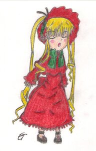 Rating: Safe Score: 0 Tags: 1girl black_footwear blonde_hair bonnet bow bowtie closed_eyes dress frills full_body hat image long_hair long_sleeves open_mouth red_dress shinku shoes simple_background solo standing traditional_media twintails very_long_hair white_background User: admin