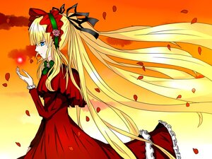 Rating: Safe Score: 0 Tags: 1girl blonde_hair blue_eyes dress flower frills hair_ribbon image long_hair long_sleeves petals red_dress ribbon rose rose_petals shinku solo very_long_hair User: admin