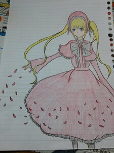 Rating: Safe Score: 0 Tags: 1girl artist_name blonde_hair blue_eyes bonnet bow capelet dress flower frills image long_hair looking_at_viewer marker_(medium) petals photo rose_petals shinku solo traditional_media twintails watercolor_(medium) User: admin