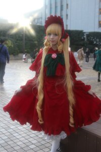 Rating: Safe Score: 0 Tags: 1girl blonde_hair blurry blurry_background bonnet depth_of_field dress frills long_hair outdoors pantyhose red_dress shinku solo standing twintails User: admin