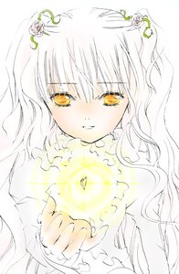 Rating: Safe Score: 0 Tags: 1girl bangs blush closed_mouth dress eyebrows_visible_through_hair flower hair_ornament holding image kirakishou long_hair long_sleeves looking_at_viewer rose simple_background smile solo upper_body wavy_hair white_hair yellow_eyes User: admin