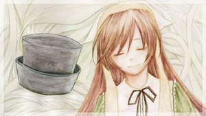 Rating: Safe Score: 0 Tags: 1girl brown_hair closed_eyes closed_mouth dress hat head_scarf image long_hair ribbon simple_background solo suiseiseki User: admin